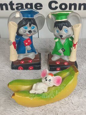 VTG Graduate Mouse Bookends Figures + Mouse Banana Coin Bank Trio Kitsch Decor